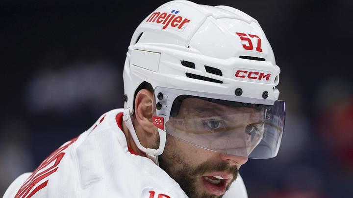 Apr 13, 2026; Tampa, Florida, USA; Detroit Red Wings left wing David Perron (57) warms up before a game against the Tampa Bay Lightning at Benchmark International Arena. Mandatory Credit: Nathan Ray Seebeck-Imagn Images