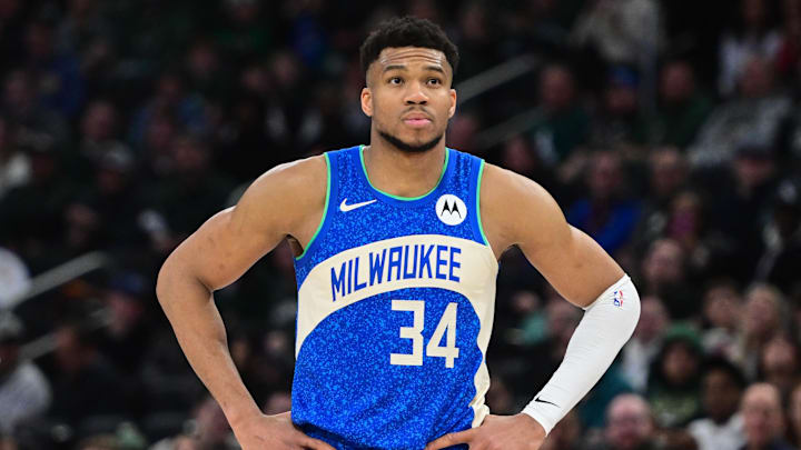 Milwaukee Bucks forward Giannis Antetokounmpo (34) looks on during a timeout in the third quarter against the Brooklyn Nets at Fiserv Forum. 