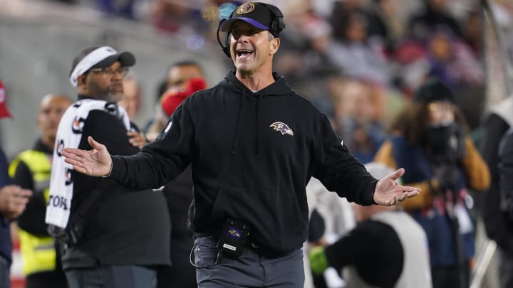 Dec 25, 2023; Santa Clara, California, USA; Baltimore Ravens head coach John Harbaugh reacts to a play against the San Francisco 49ers in the fourth quarter at Levi's Stadium. Mandatory Credit: Cary Edmondson-USA TODAY Sports