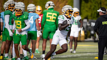 Oregon Ducks wide receiver Jurrion Dickey carries the ball during practice with the Ducks Tuesday, Sept. 3, 2024, at the Hatfield-Dowlin Complex in Eugene, Ore.