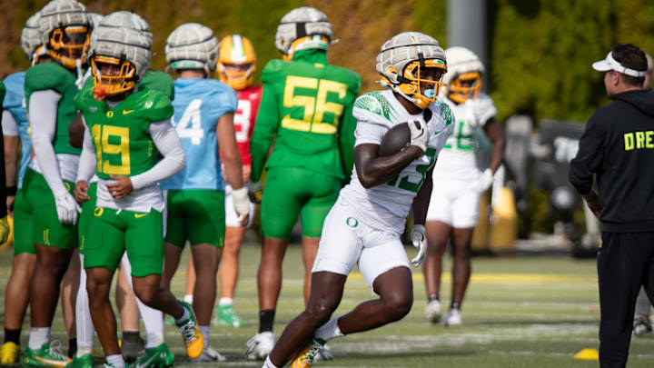 Oregon Ducks wide receiver Jurrion Dickey carries the ball during practice with the Ducks Tuesday, Sept. 3, 2024, at the Hatfield-Dowlin Complex in Eugene, Ore.