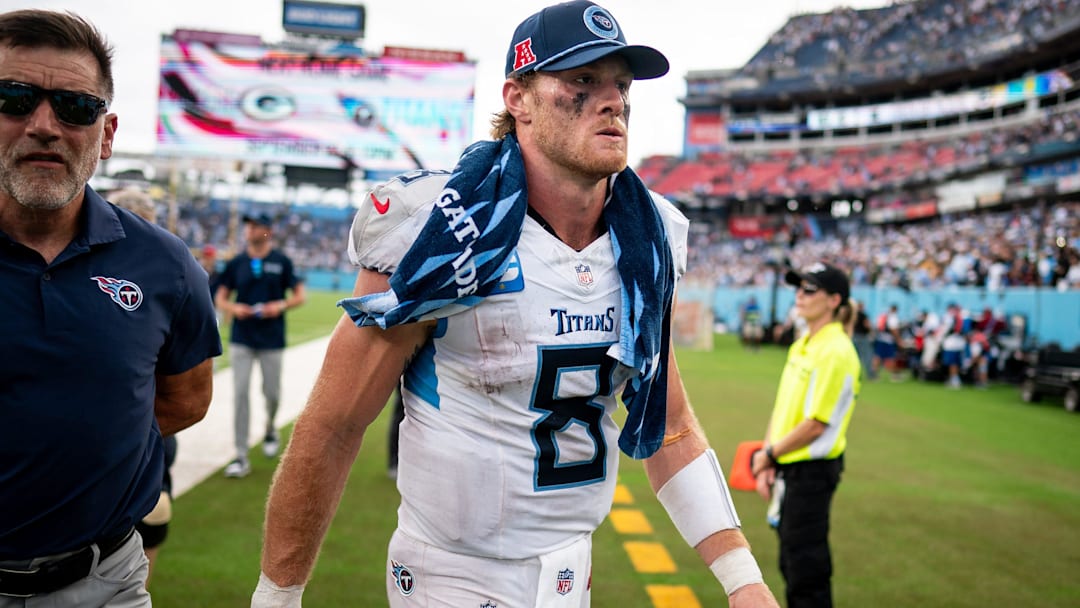 Tennessee Titans quarterback Will Levis (8) exits the field.