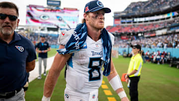 Tennessee Titans quarterback Will Levis (8) exits the field.