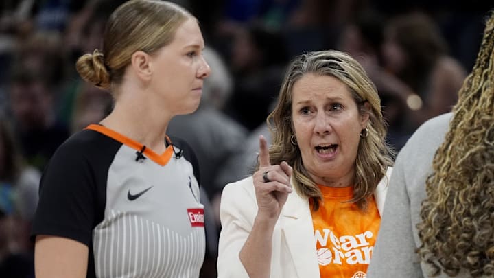 Aug 28, 2025; Minneapolis, Minnesota, USA; Minnesota Lynx head coach Cheryl Reeve yells at referee Jenna Reneau in the fourth quarter of the game with the Seattle Storm at Target Center. Mandatory Credit: Bruce Kluckhohn-Imagn Images