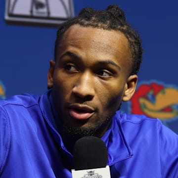 Oct 22, 2025; Kansas City, MO, USA; Kansas guard Darryn Peterson speaks to media during Big 12 Menís Basketball media day at T-Mobile Center. Mandatory Credit: Sophia Scheller-Imagn Images