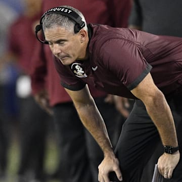 Sep 28, 2024; Dallas, Texas, USA; Florida State Seminoles head coach Mike Norvell during the game between the Southern Methodist Mustangs and the Florida State Seminoles at Gerald J. Ford Stadium. Mandatory Credit: Jerome Miron-Imagn Images
