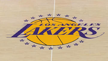 Dec 18, 2023; Los Angeles, California, USA; The Los Angeles Lakers logo at center court at the Crypto.com Arena. Mandatory Credit: Kirby Lee-Imagn Images