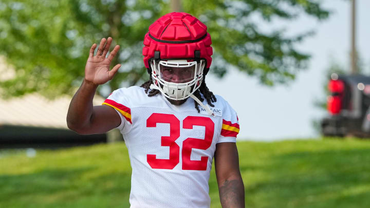 Jul 22, 2024; St. Joseph, MO, USA; Kansas City Chiefs linebacker Nick Bolton (32) walks down the hill from the locker room to the fields prior to training camp at Missouri Western State University. Mandatory Credit: Denny Medley-USA TODAY Sports