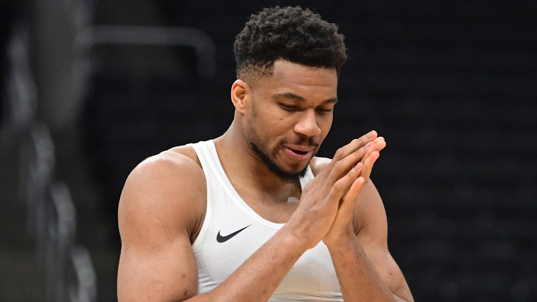 Mar 31, 2026; Milwaukee, Wisconsin, USA; Milwaukee Bucks forward Giannis Antetokounmpo (34) warms up before a game against the Dallas Mavericks at Fiserv Forum. Mandatory Credit: Benny Sieu-Imagn Images