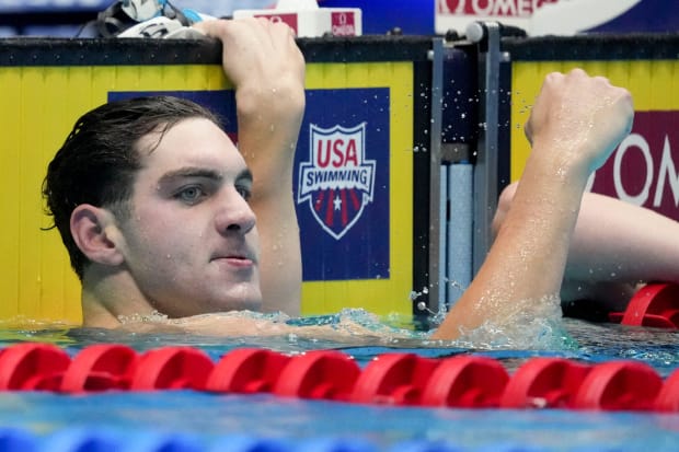 Jack Alexy reacts after finishing second in the 100-meter freestyle final at the Olympic trials on June 19, 2024,