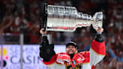 Jun 17, 2025; Sunrise, Florida, USA; Florida Panthers goaltender Sergei Bobrovsky (72) hoists the Stanley Cup after winning game six of the 2025 Stanley Cup Final against the Edmonton Oilers at Amerant Bank Arena. 