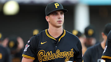 Apr 1, 2025; St. Petersburg, Florida, USA; Pittsburgh Pirates starting pitcher Thomas Harrington (78) walks to to make his major league debut against the Tampa Bay Rays at George M. Steinbrenner Field. Mandatory Credit: Nathan Ray Seebeck-Imagn Images