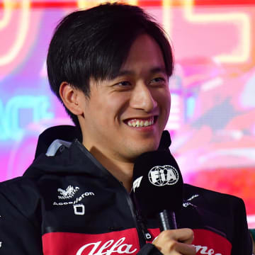 Nov 15, 2023; Las Vegas, Nevada, USA; Alfa Romeo driver Zhou Guanyu of China speaks during media availabilities at Las Vegas Strip Circuit. Mandatory Credit: Gary A. Vasquez-USA TODAY Sports