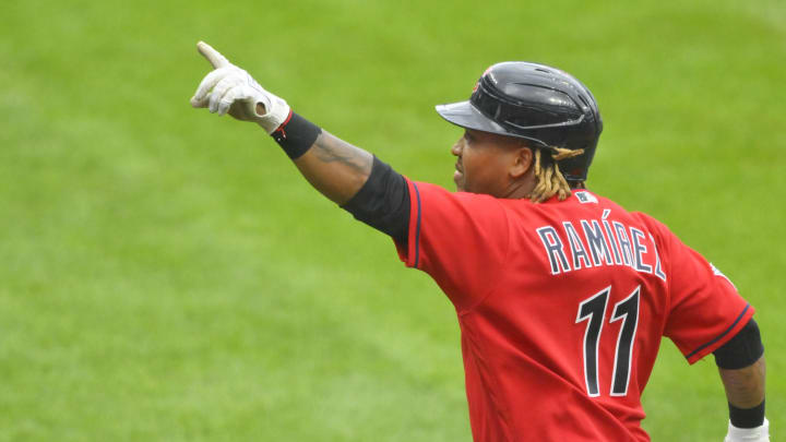 Jul 16, 2022; Cleveland, Ohio, USA; Cleveland Guardians third baseman Jose Ramirez (11) celebrates