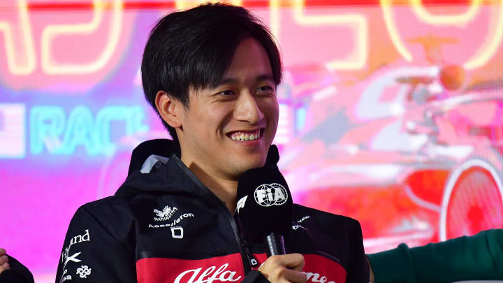 Nov 15, 2023; Las Vegas, Nevada, USA; Alfa Romeo driver Zhou Guanyu of China speaks during media availabilities at Las Vegas Strip Circuit. Mandatory Credit: Gary A. Vasquez-USA TODAY Sports