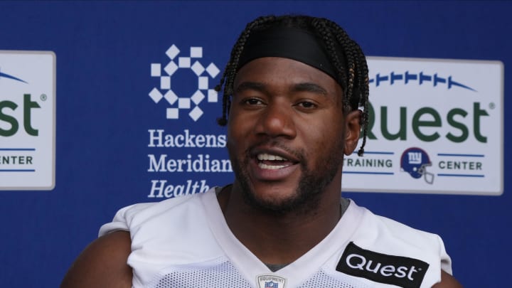 East Rutherford, NJ -- June 11, 2024 -- Linebacker, Bobby Okereke is interviewed at the end of practice field at the NY Giants Mandatory Minicamp at their practice facility in East Rutherford, NJ.