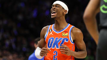 Apr 14, 2023; Minneapolis, Minnesota, USA; Oklahoma City Thunder guard Shai Gilgeous-Alexander (2) reacts to his shot against the Minnesota Timberwolves during the first quarter at Target Center. Mandatory Credit: Matt Krohn-Imagn Images
