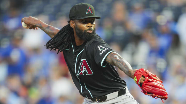 Jul 22, 2024; Kansas City, Missouri, USA; Arizona Diamondbacks relief pitcher Miguel Castro (50) pitches during the fourth inning against the Kansas City Royals at Kauffman Stadium. Mandatory Credit: Jay Biggerstaff-USA TODAY Sports