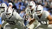 Nov 8, 2025; Chapel Hill, North Carolina, USA;  Stanford Cardinal quarterback Elijah Brown (2) takes the snap in the second quarter at Kenan Stadium. Mandatory Credit: Bob Donnan-Imagn Images