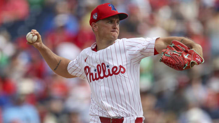 Mar 9, 2024; Clearwater, Florida, USA;  Philadelphia Phillies pitcher David Buchanan (52) throws a pitch against the Toronto Blue Jays in the fourth inning at BayCare Ballpark