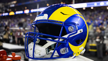Jan 13, 2025; Glendale, AZ, USA; Detailed view of a Los Angeles Rams helmet during an NFC wild card game at State Farm Stadium. Mandatory Credit: Mark J. Rebilas-Imagn Images