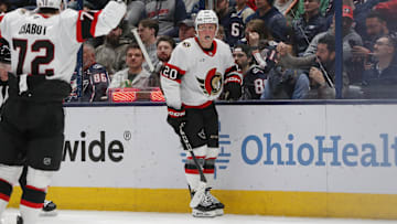 Apr 8, 2025; Columbus, Ohio, USA; Ottawa Senators left wing Fabian Zetterlund (20) celebrates his goal against the Columbus Blue Jackets during the second period at Nationwide Arena. Mandatory Credit: Russell LaBounty-Imagn Images