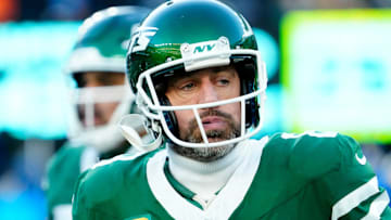 New York Jets quarterback Aaron Rodgers (8) limps off the field during a play where it appeared he had gotten injured, Sunday, December 22, 2024, in East Rutherford. Rodgers was back on the field during Gang GreenÕs next possession.