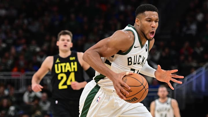 Nov 7, 2024; Milwaukee, Wisconsin, USA;  Milwaukee Bucks forward Giannis Antetokounmpo (34) drives for the basket in the fourth quarter against the Utah Jazz at Fiserv Forum. Mandatory Credit: Benny Sieu-Imagn Images