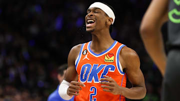 Apr 14, 2023; Minneapolis, Minnesota, USA; Oklahoma City Thunder guard Shai Gilgeous-Alexander (2) reacts to his shot against the Minnesota Timberwolves during the first quarter at Target Center. Mandatory Credit: Matt Krohn-Imagn Images