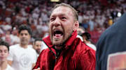 Jun 9, 2023; Miami, Florida, USA; MMA fighter Conor McGregor attends game four of the 2023 NBA Finals between the Miami Heat and Denver Nuggets at Kaseya Center. Mandatory Credit: Kyle Terada-Imagn Images