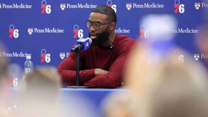 Aug 6, 2026; Camden, NJ, USA; Philadelphia 76ers guard Jaylen Brown speaks with the media during his introductory press conference at the Francis J. Myers Recreation Center. Mandatory Credit: Bill Streicher-Imagn Images