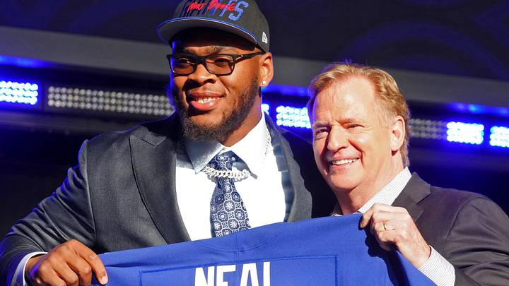 Apr 28, 2022; Las Vegas, NV, USA; Alabama offensive tackle Evan Neal with NFL commissioner Roger Goodell after being selected as the seventh overall pick to the New York Giants during the first round of the 2022 NFL Draft at the NFL Draft Theater. Mandatory Credit: Kirby Lee-USA TODAY Sports