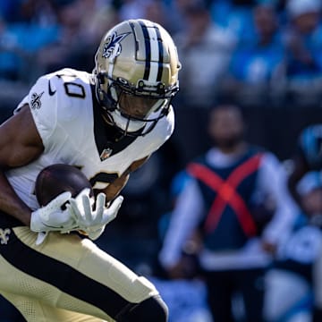 Nov 3, 2024; Charlotte, North Carolina, USA; New Orleans Saints wide receiver Marquez Valdes-Scantling (10) makes the catch against the Carolina Panthers during the third quarter at Bank of America Stadium. Mandatory Credit: Scott Kinser-Imagn Images