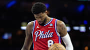 Dec 13, 2024; Philadelphia, Pennsylvania, USA; Philadelphia 76ers forward Paul George (8) prepares to shoot a foul shot against the Indiana Pacers during the fourth quarter at Wells Fargo Center. Mandatory Credit: Bill Streicher-Imagn Images