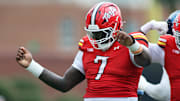 Maryland Terrapins defensive lineman Tommy Akingbesote celebrates during the third quarter against the Villanova Wildcats at SECU Stadium. 