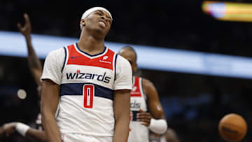 Feb 26, 2025; Washington, District of Columbia, USA; Washington Wizards guard Bilal Coulibaly (0) reacts against the Portland Trail Blazers in the second half at Capital One Arena. Mandatory Credit: Geoff Burke-Imagn Images