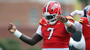 Maryland Terrapins defensive lineman Tommy Akingbesote celebrates during the third quarter against the Villanova Wildcats at SECU Stadium. 
