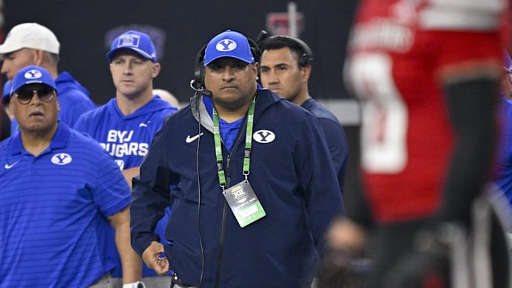 Dec 6, 2025; Arlington, TX, USA; BYU Cougars head coach Kalani Sitake looks on during the first half against the BYU Cougars at AT&T Stadium. Mandatory Credit: Jerome Miron-Imagn Images