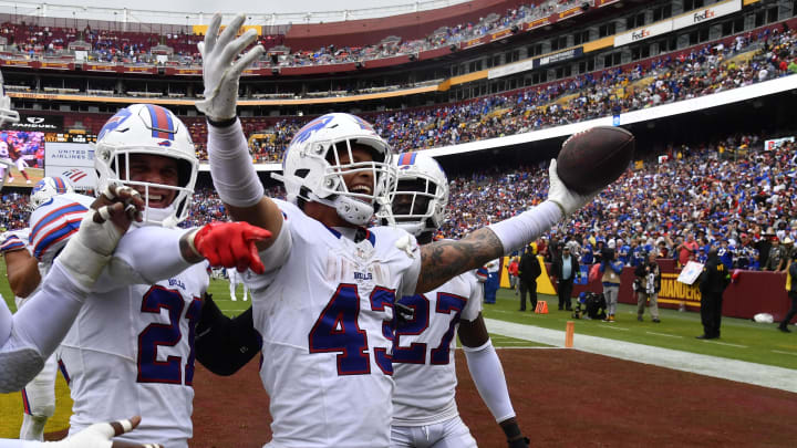 Sep 24, 2023; Landover, Maryland, USA; Buffalo Bills linebacker Terrel Bernard (43) celebrates with teammates after recovering a fumble against the Washington Commanders during the second half at FedExField. Mandatory Credit: Brad Mills-USA TODAY Sports