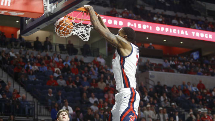 Jan 10, 2024; Oxford, Mississippi, USA; Mississippi Rebels forward Jamarion Sharp (3) dunks during the second half against the Florida Gators at The Sandy and John Black Pavilion at Ole Miss. Mandatory Credit: Petre Thomas-USA TODAY Sports