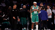 Boston Celtics forward Torrey Craig and head coach Joe Mazzulla react in the 2025 NBA Playoffs against the New York Knicks