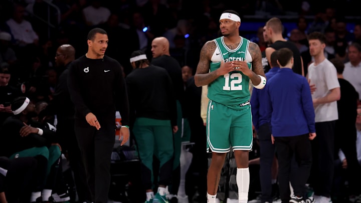 Boston Celtics forward Torrey Craig and head coach Joe Mazzulla react in the 2025 NBA Playoffs against the New York Knicks