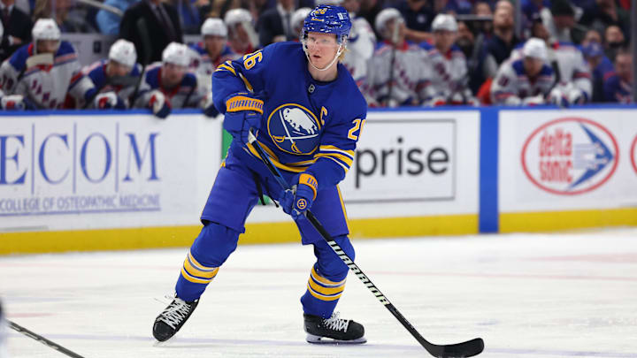 Feb 22, 2025; Buffalo, New York, USA;  Buffalo Sabres defenseman Rasmus Dahlin (26) looks to make a pass during the second period against the New York Rangers at KeyBank Center. Mandatory Credit: Timothy T. Ludwig-Imagn Images