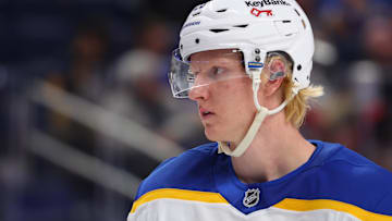 Oct 15, 2025; Buffalo, New York, USA;  Buffalo Sabres defenseman Rasmus Dahlin (26) during a stoppage in play against the Ottawa Senators at KeyBank Center. Mandatory Credit: Timothy T. Ludwig-Imagn Images