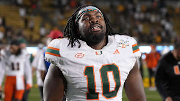 Oct 5, 2024; Berkeley, California, USA; Miami Hurricanes defensive lineman Simeon Barrow Jr. (10) after the game against the California Golden Bears at California Memorial Stadium. Mandatory Credit: Darren Yamashita-Imagn Images