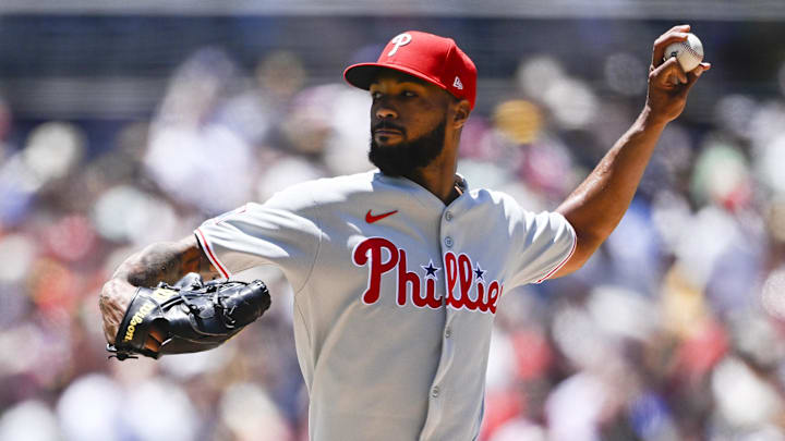 Philadelphia Phillies starting pitcher Cristopher Sanchez delivers during the first inning against the against the San Diego Padres at Petco Park. Philadelphia Phillies starting pitcher Cristopher Sanchez delivers during the first inning against the against the San Diego Padres at Petco Park.