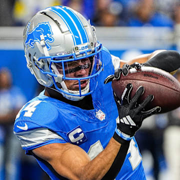 Detroit Lions wide receiver Amon-Ra St. Brown (14) warms up at Ford Field in Detroit on Sunday, September 8, 2024.