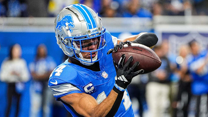 Detroit Lions wide receiver Amon-Ra St. Brown (14) warms up at Ford Field in Detroit on Sunday, September 8, 2024.