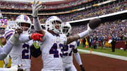 Sep 24, 2023; Landover, Maryland, USA; Buffalo Bills linebacker Terrel Bernard (43) celebrates with teammates after recovering a fumble against the Washington Commanders during the second half at FedExField. Mandatory Credit: Brad Mills-USA TODAY Sports