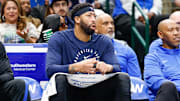 Dec 6, 2025; Dallas, Texas, USA; Dallas Mavericks forward Anthony Davis (3) looks on from the bench during the fourth quarter against the Houston Rockets at American Airlines Center. Mandatory Credit: Andrew Dieb-Imagn Images